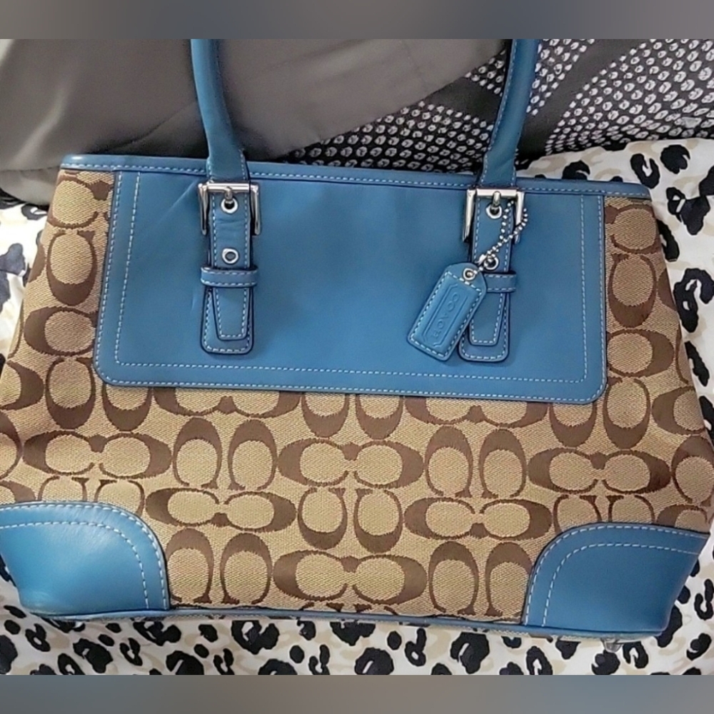 Coach Blue and Brown Signature Shoulder Bag
